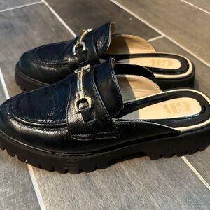 Gianni Bini Black Leather Mules with Gold Accent